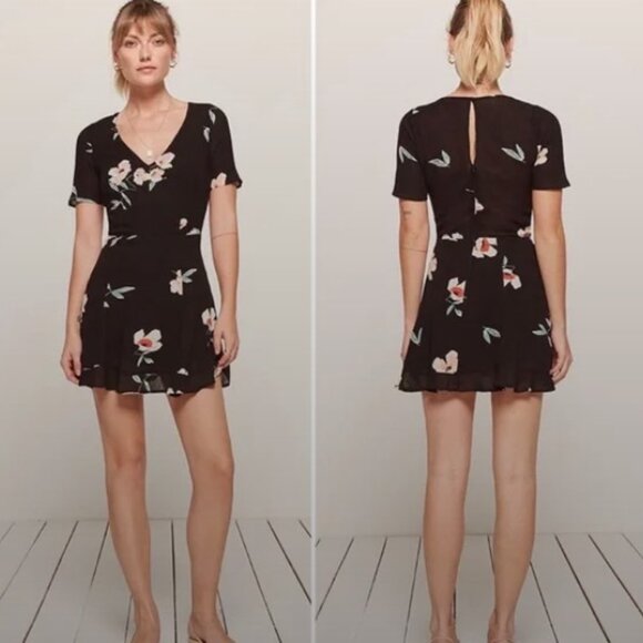 Reformation Gabriella Mini Floral Black Dress - Picture 1 of 4